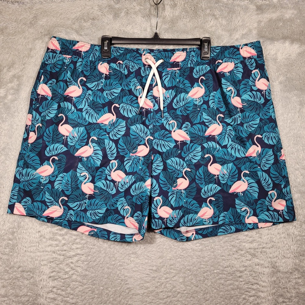 Member's Mark Swim Trunks Mens‎ XXXL Teal Pink Flamingo Tropical Monstera Leaf